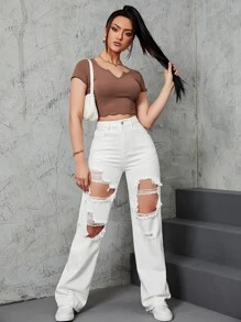 SHEIN EZwear Jeansy z wysokim stanem z przetarciami