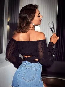 SHEIN Privé Solid Swiss Dot Tie Front Crop Top - Black - View 2