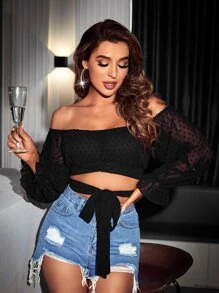 SHEIN Privé Solid Swiss Dot Tie Front Crop Top - Black - View 5