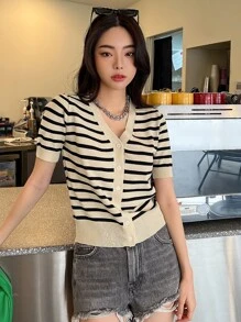 DAZY Striped Button Through Cardigan,Short Sleeve Tops Summer,Fall Clothes - Multicolor - View 8