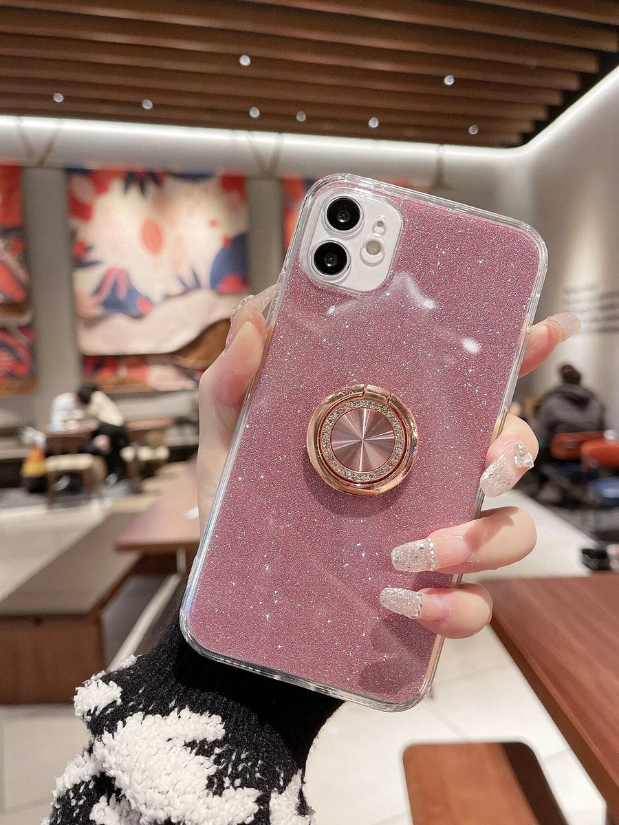 透明指環扣手機殼帶金屬亮絲紙 - 粉色 - 查看 1