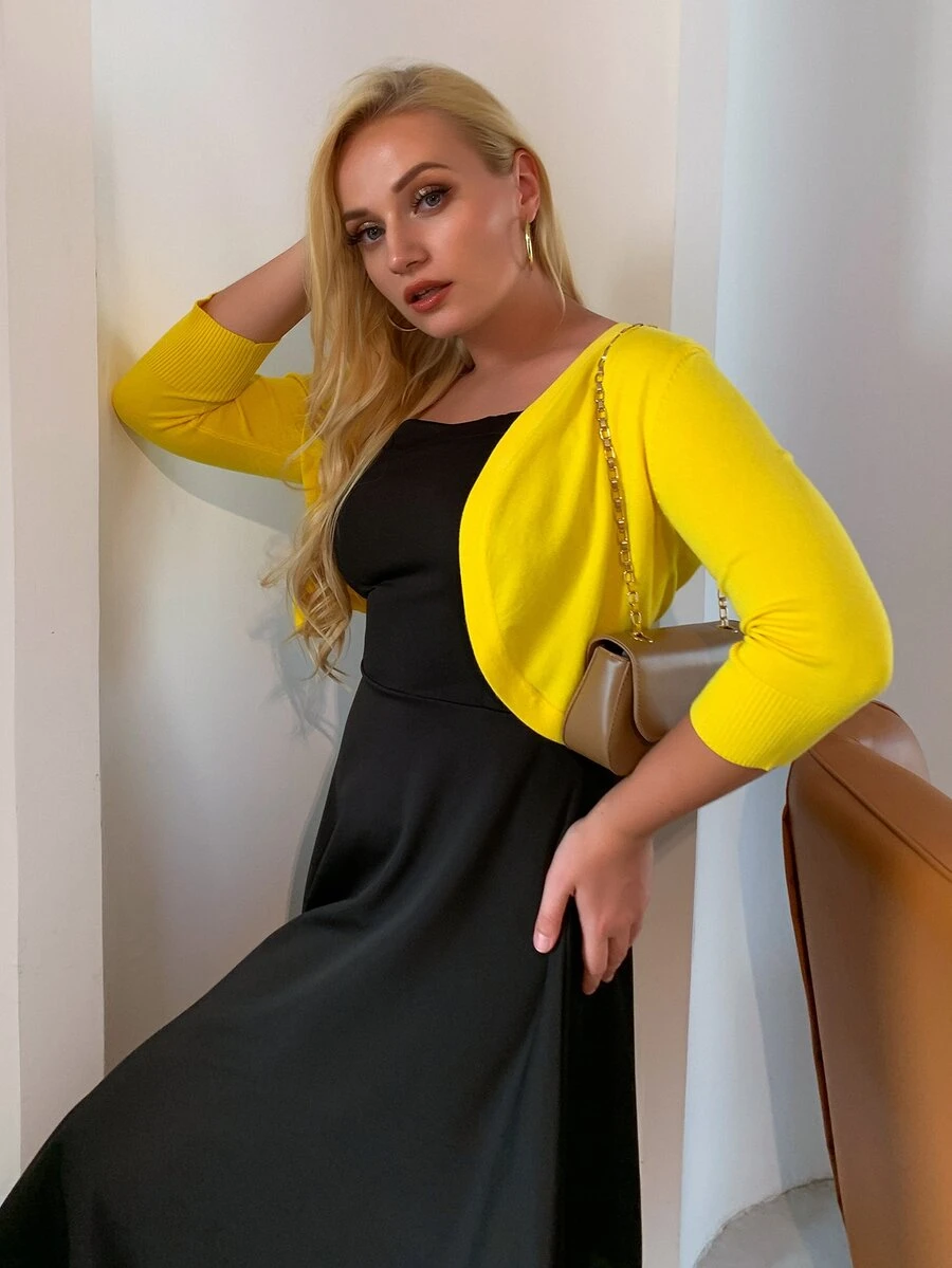 AAmilife áo hở cổ kích thước lớn màu trơn Giải trí - Màu vàng - Xem 1