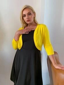 AAmilife áo hở cổ kích thước lớn màu trơn Giải trí - Màu vàng - Xem 4