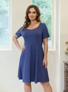 AAmilife Vestido unicolor de cuello scoop - Azul - Ver 1