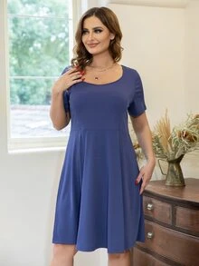 AAmilife Vestido unicolor de cuello scoop - Azul - Ver 4