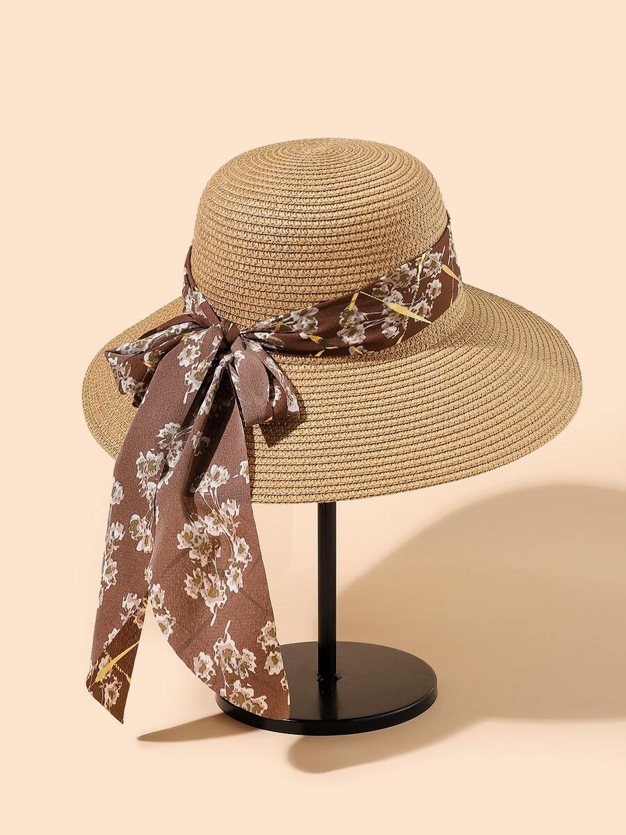 EMERY ROSE Mũ Rơm In Hoa Trang Trí Nơ - Màu Khaki - Xem 1
