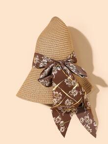 EMERY ROSE Mũ Rơm In Hoa Trang Trí Nơ - Màu Khaki - Xem 3
