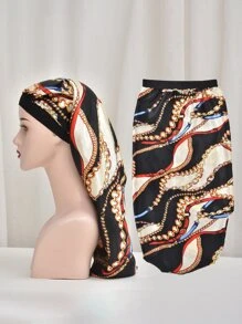 鏈條印花絲綢睡帽，綢緞睡帽 - 彩色 - 查看 2