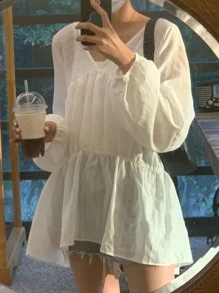 DAZY 荷葉邊荷葉邊下擺襯衫 - 白色 - 查看 7