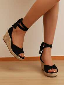 Sandali con bande espadrillas suola zeppe - nero - Visualizzare 1