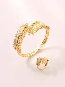 樹葉設計戒指和手鐲 - 金黃色 - 查看 4
