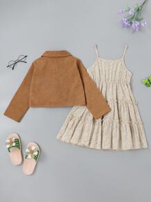 Toddler Girls Button Up Tie Hem Jacket & Ditsy Floral Print Ruffle Hem Cami Dress - Multicolor - View 2