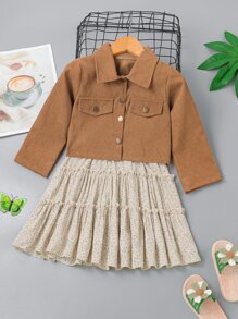 Toddler Girls Button Up Tie Hem Jacket & Ditsy Floral Print Ruffle Hem Cami Dress - Multicolor - View 4