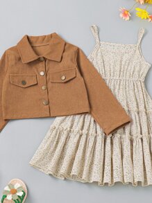 Toddler Girls Button Up Tie Hem Jacket & Ditsy Floral Print Ruffle Hem Cami Dress - Multicolor - View 5