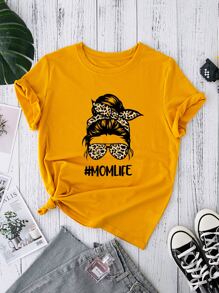 SHEIN LUNE Camiseta con estampado de figura y letra - Mostaza Amarilla - Ver 1