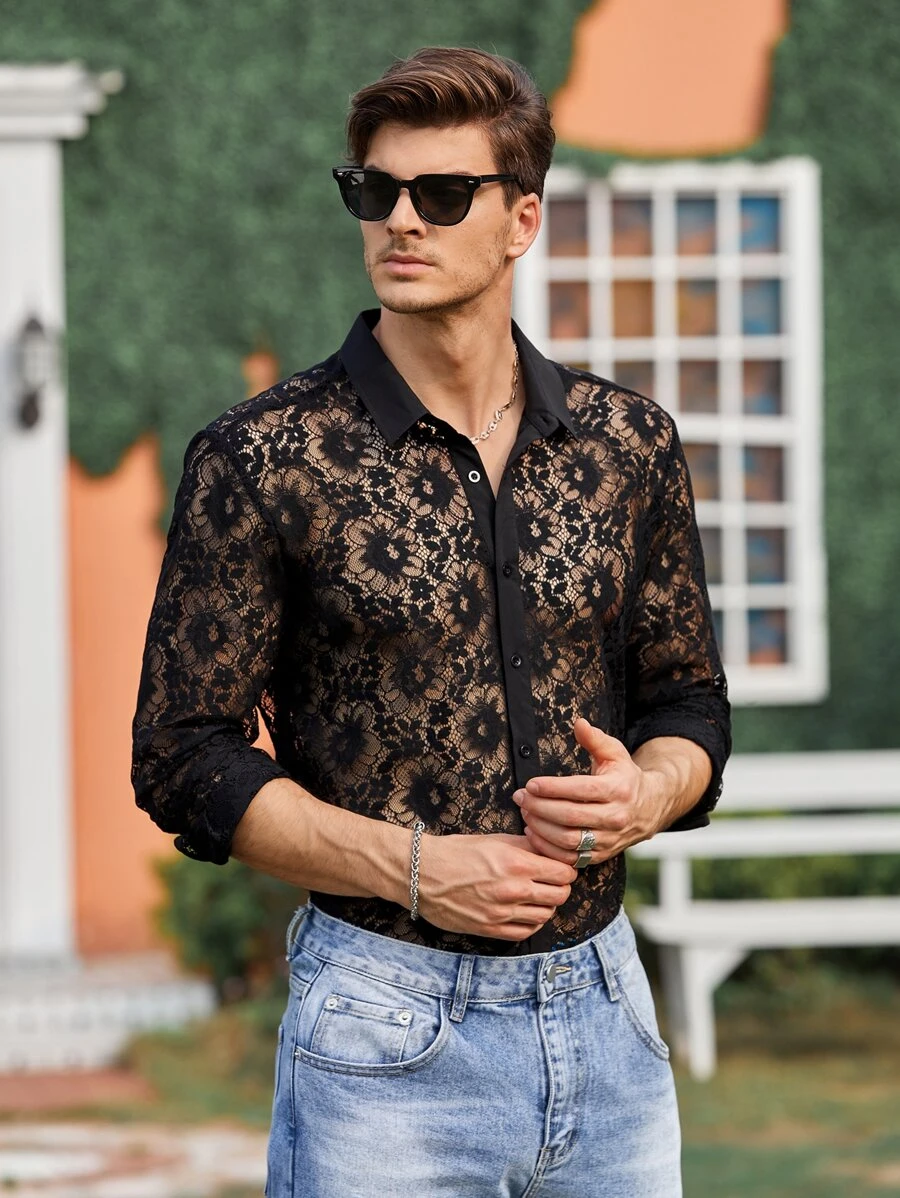 Manfinity Hombres Camisa con botón delantero con encaje - Negro - Ver 1