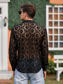 Manfinity Hombres Camisa con botón delantero con encaje - Negro - Ver 2