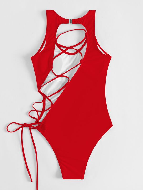 SHEIN Swim Chicsea Plain Laceup One Piece Swimsuit SHEIN USA