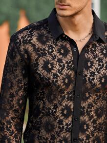 Manfinity Hombres Camisa con botón delantero con encaje - Negro - Ver 3