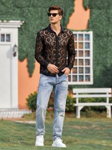 Manfinity Hombres Camisa con botón delantero con encaje - Negro - Ver 4