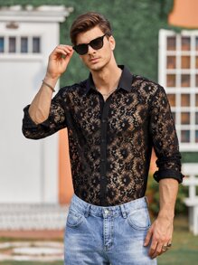 Manfinity Hombres Camisa con botón delantero con encaje - Negro - Ver 5