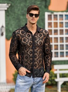 Manfinity Hombres Camisa con botón delantero con encaje - Negro - Ver 6