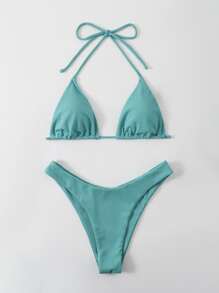 Swim Vcay Summer Beach Ribbed Bikini Set Halter Micro Triangle Top & High Cut Bottom 2 Pieces Bathing Suit, Vacation Bikini - Mint Blue - View 3