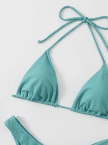 Swim Vcay Summer Beach Ribbed Bikini Set Halter Micro Triangle Top & High Cut Bottom 2 Pieces Bathing Suit, Vacation Bikini - Mint Blue - View 4