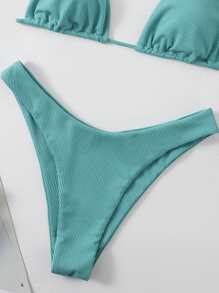 Swim Vcay Summer Beach Ribbed Bikini Set Halter Micro Triangle Top & High Cut Bottom 2 Pieces Bathing Suit, Vacation Bikini - Mint Blue - View 5