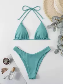 Swim Vcay Summer Beach Ribbed Bikini Set Halter Micro Triangle Top & High Cut Bottom 2 Pieces Bathing Suit, Vacation Bikini - Mint Blue - View 6