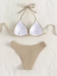 Swim Basics Summer Beach Solid Bikini Set Push Up Bra & Bikini Bottom 2 Piece Bathing Suit - Khaki - View 2