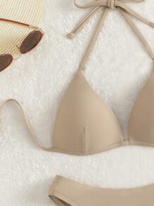 Swim Basics Summer Beach Solid Bikini Set Push Up Bra & Bikini Bottom 2 Piece Bathing Suit - Khaki - View 4