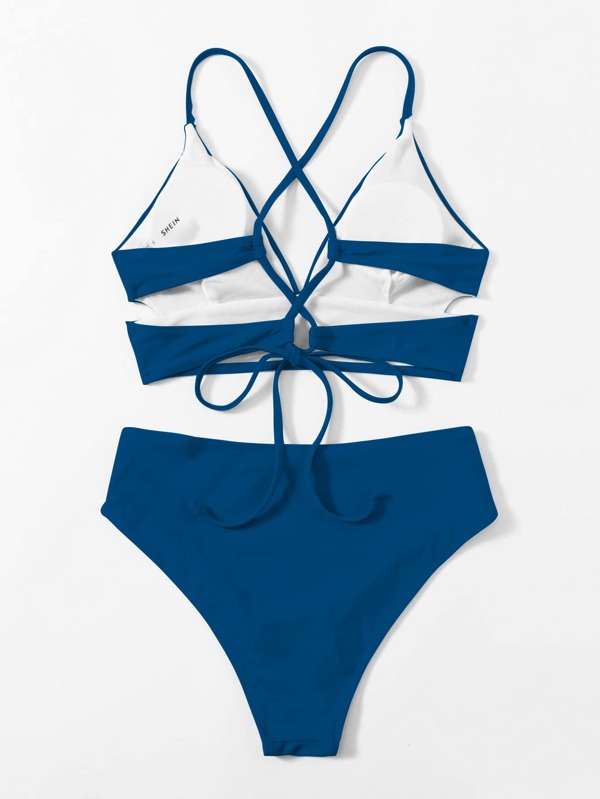 SHEIN Swim Basics Tankini Set Criss Cross Lace Up Back Bra & High Waisted Bottom 2 Piece Bathing