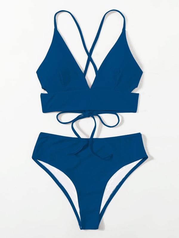 SHEIN Swim Basics Tankini Set Criss Cross Lace Up Back Bra & High Waisted Bottom 2 Piece Bathing
