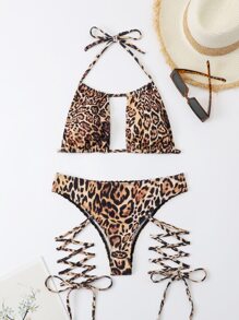 SHEIN Swim Summer Beach Leopard Lace-Up Halter Bikini - Multicolor - View 4