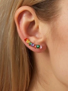 一对个性彩色立方氧化锆心形和长方形沙滩度假耳环，女士时尚配饰 - 彩色 - 查看 1