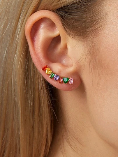 一对个性彩色立方氧化锆心形和长方形沙滩度假耳环，女士时尚配饰