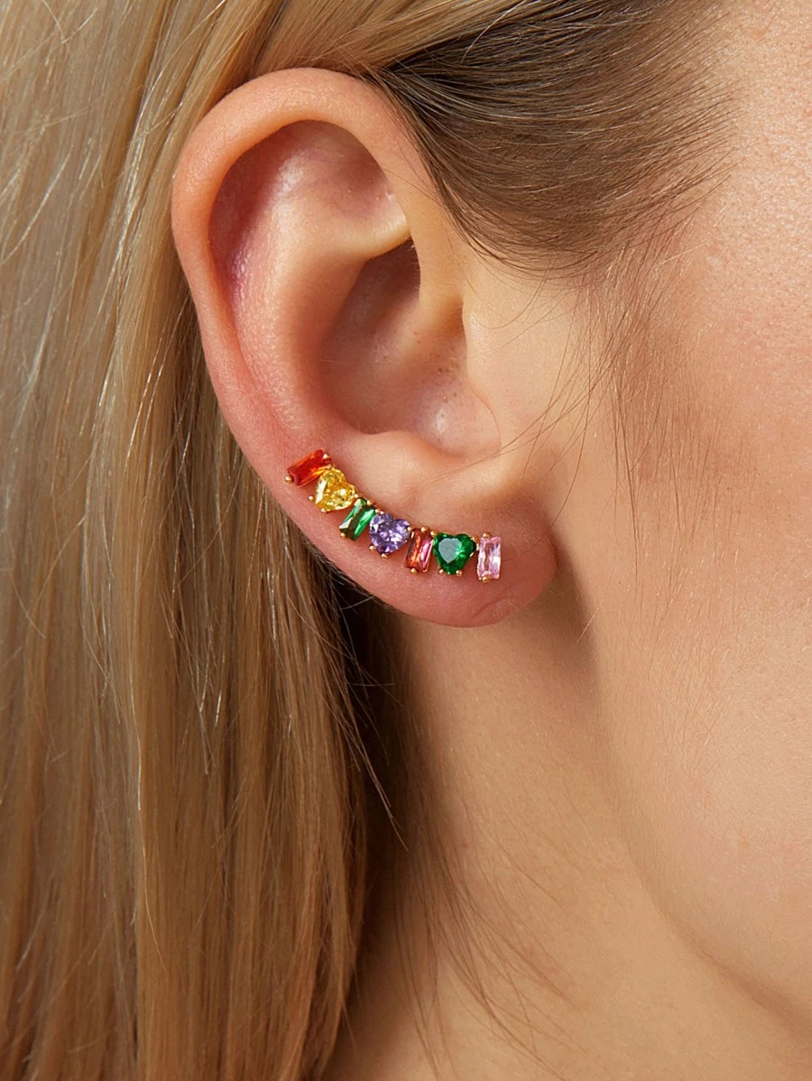 一对个性彩色立方氧化锆心形和长方形沙滩度假耳环，女士时尚配饰 - 彩色 - 查看 1
