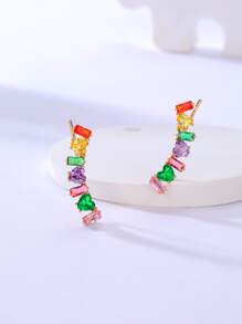 一对个性彩色立方氧化锆心形和长方形沙滩度假耳环，女士时尚配饰 - 彩色 - 查看 2