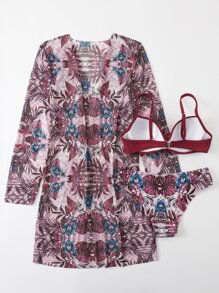 SHEIN Swim Summer Beach Tropical Print Bikini Set Wrap Push Up Bra & Hipster Bottom & Beach Cover Up 3 Piece Bathing Suit - Multicolor - View 2