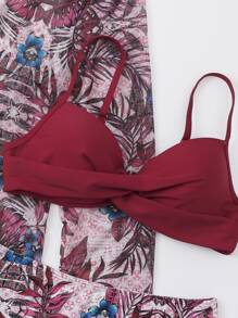 SHEIN Swim Summer Beach Tropical Print Bikini Set Wrap Push Up Bra & Hipster Bottom & Beach Cover Up 3 Piece Bathing Suit - Multicolor - View 4