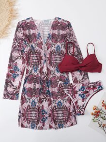 SHEIN Swim Summer Beach Tropical Print Bikini Set Wrap Push Up Bra & Hipster Bottom & Beach Cover Up 3 Piece Bathing Suit - Multicolor - View 6