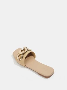 CUCCOO BASICS Cool Outdoors Flat Slippers For Woman Shoes, Chain Decor Plain Fabric Open Toe Slide Sandals For Spring And Summer - Apricot - View 6