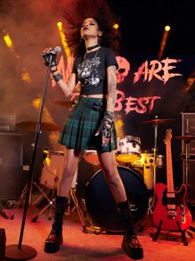 ROMWE Grunge Punk Kpop Skull Letter Graphic Tee - Black - View 6