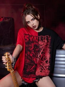 ROMWE Grunge Punk 字母撞色落肩T恤 - 彩色 - 查看 1