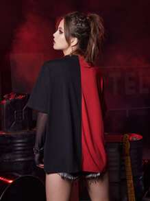 ROMWE Grunge Punk 字母撞色落肩T恤 - 彩色 - 查看 2