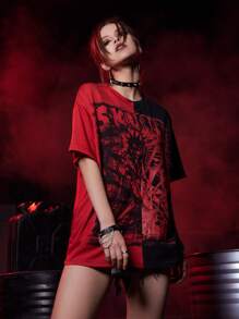 ROMWE Grunge Punk 字母撞色落肩T恤 - 彩色 - 查看 3