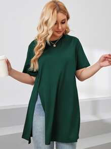 SHEIN LUNE Áo thun tay ngắn cổ tròn màu trơn xẻ viền Plus - Màu xanh lá cây đậm - Xem 1