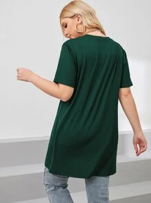 SHEIN LUNE Áo thun tay ngắn cổ tròn màu trơn xẻ viền Plus - Màu xanh lá cây đậm - Xem 2