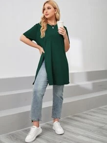 SHEIN LUNE Áo thun tay ngắn cổ tròn màu trơn xẻ viền Plus - Màu xanh lá cây đậm - Xem 3